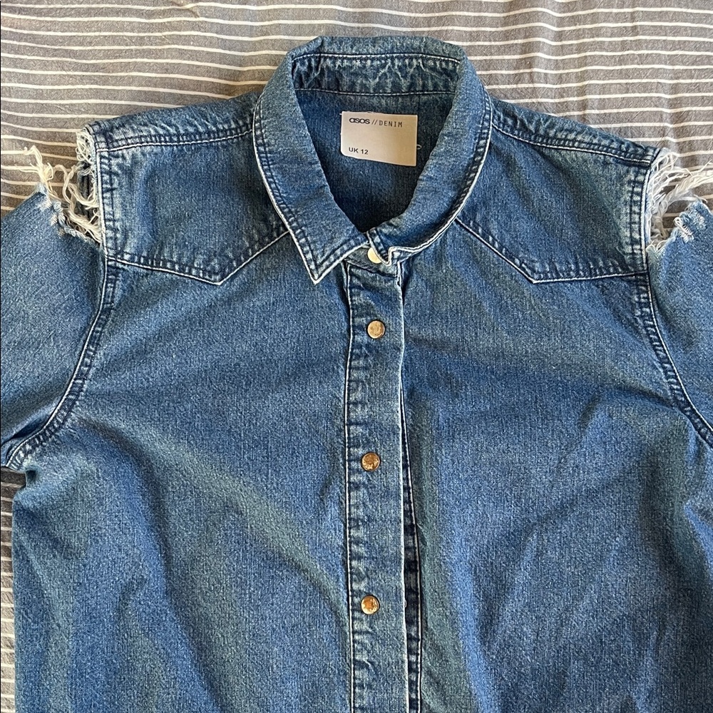 Denim Sleeveless Button-Up Shirt asos with shoulder holes ripped size uk 12